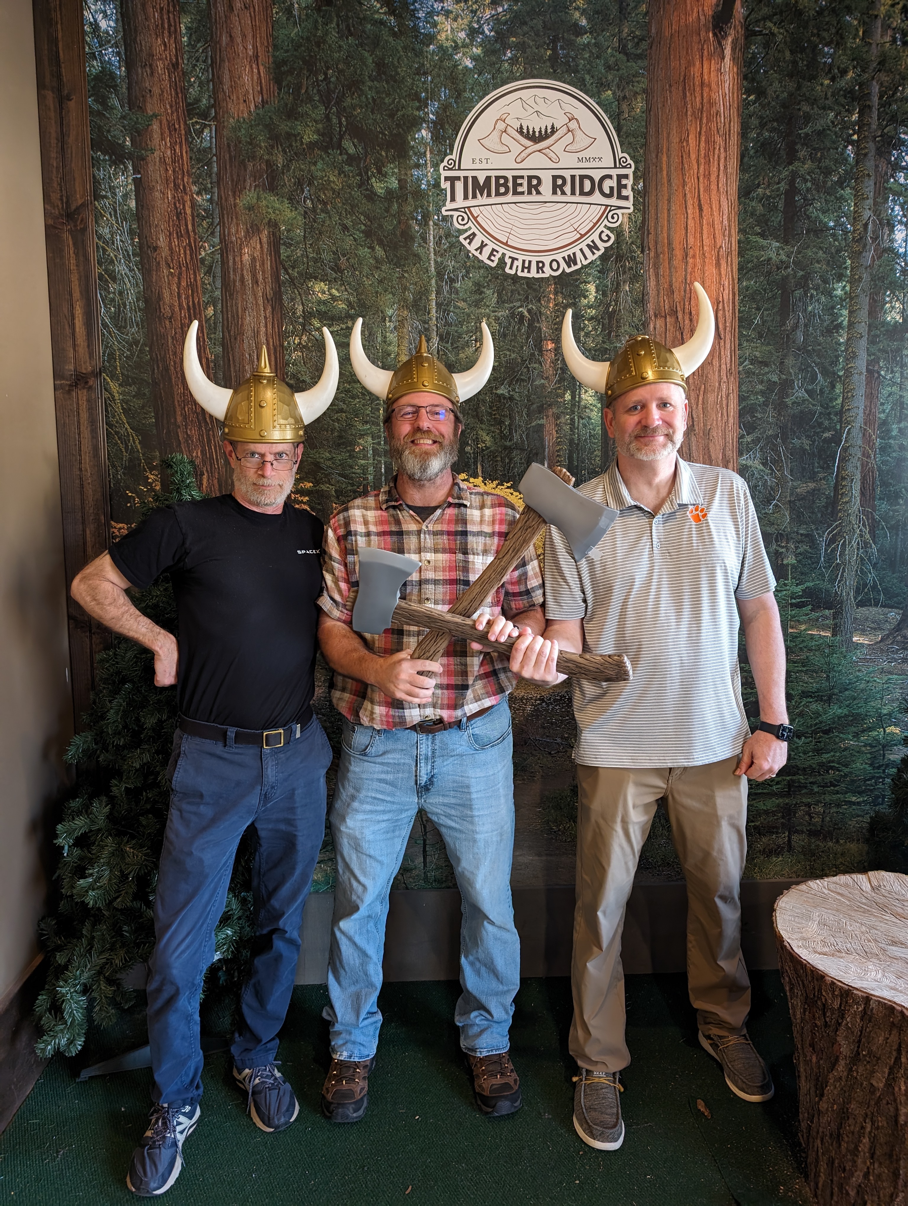 Jamie, Chris, and Rudy after winning the axe throwing competition to celebrate the SP4 release