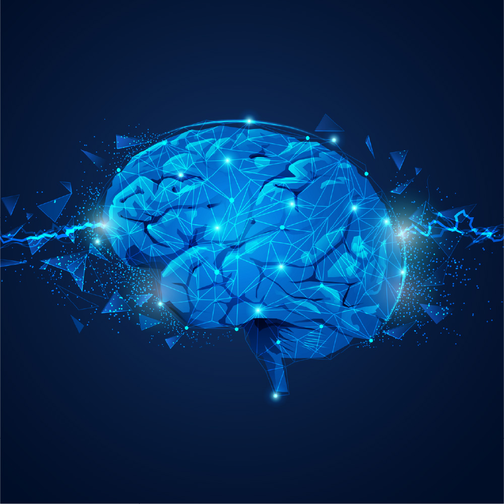 vector image og a brain and firing neurons in various shades of blue