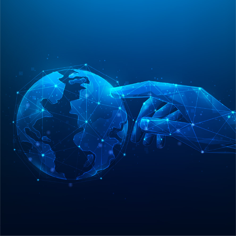 a vector image of a hand reaching to touch a globe in various shades of blue