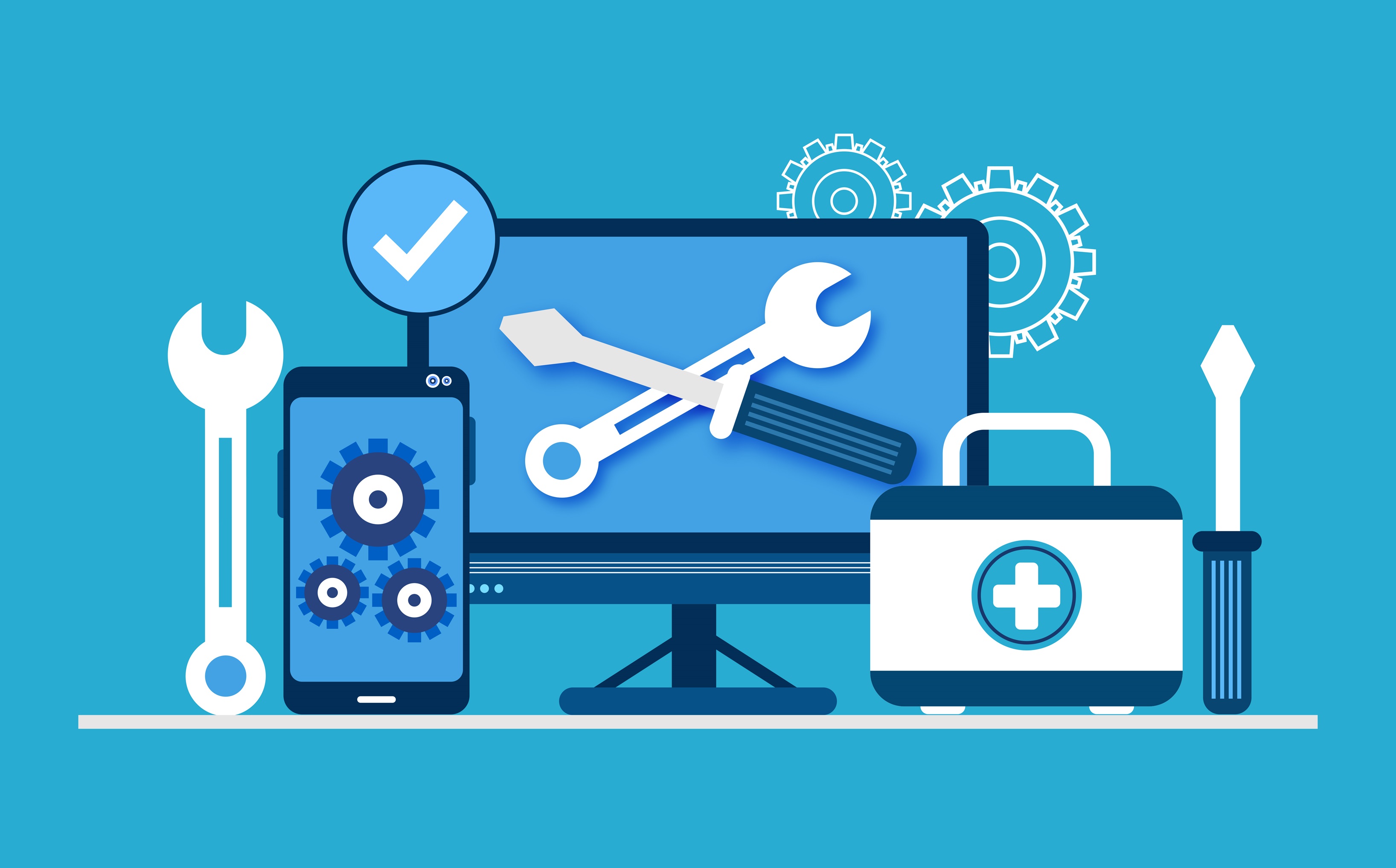 graphic of a computer with a wrench and screwdriver crossing on the screen, a phone to the left with gears on its screen, a wrench standing next to the phone, a first aid kit to the right of the computer, and a screwdriver standing to the right of the first aid kit all on top of a blue background