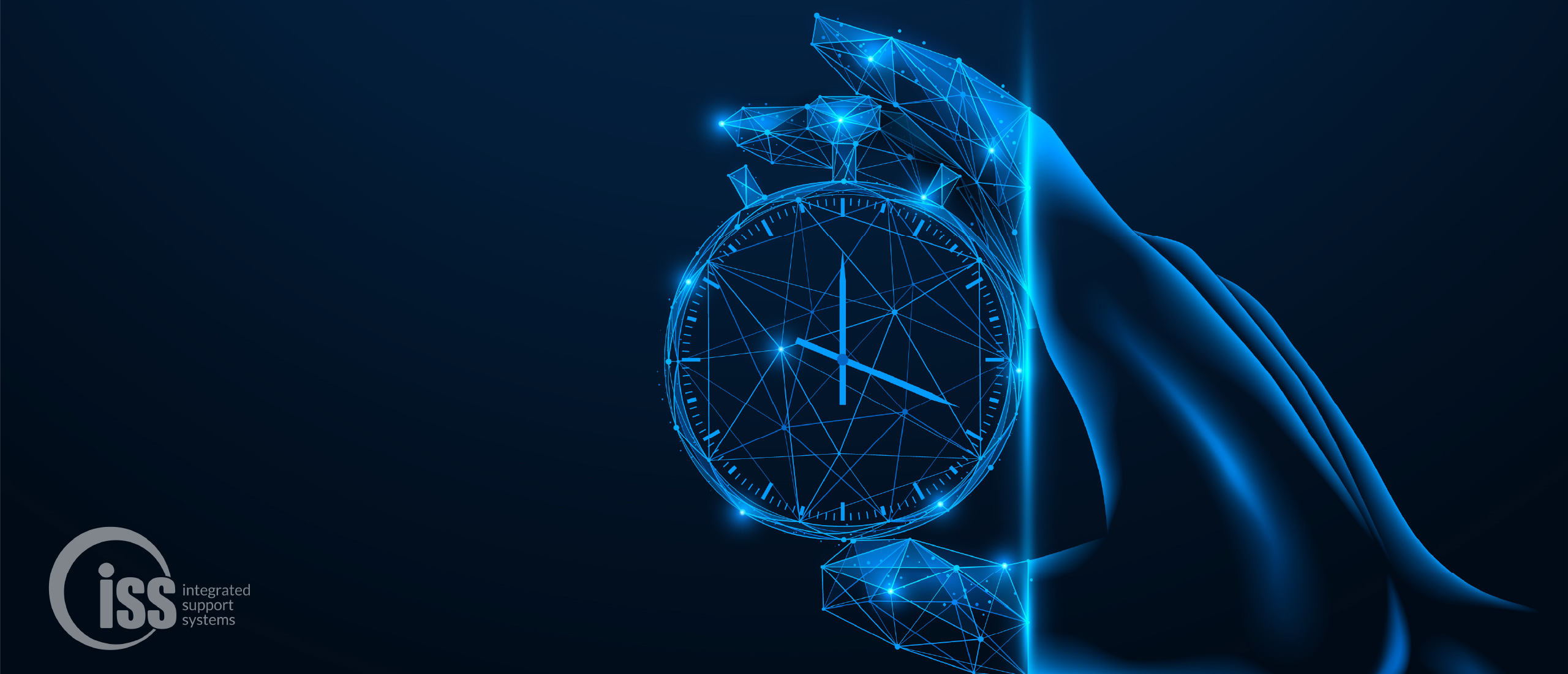 the regularly scheduled training header; a vector image of a hand holding a stopwatch in various shades of blue with the ISS logo in the bottom left corner