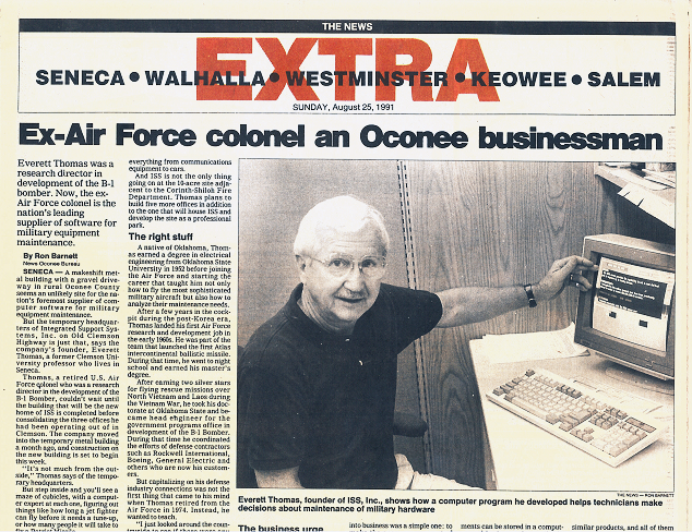 newspaper article about Dr. Thomas as an Oconee businessman